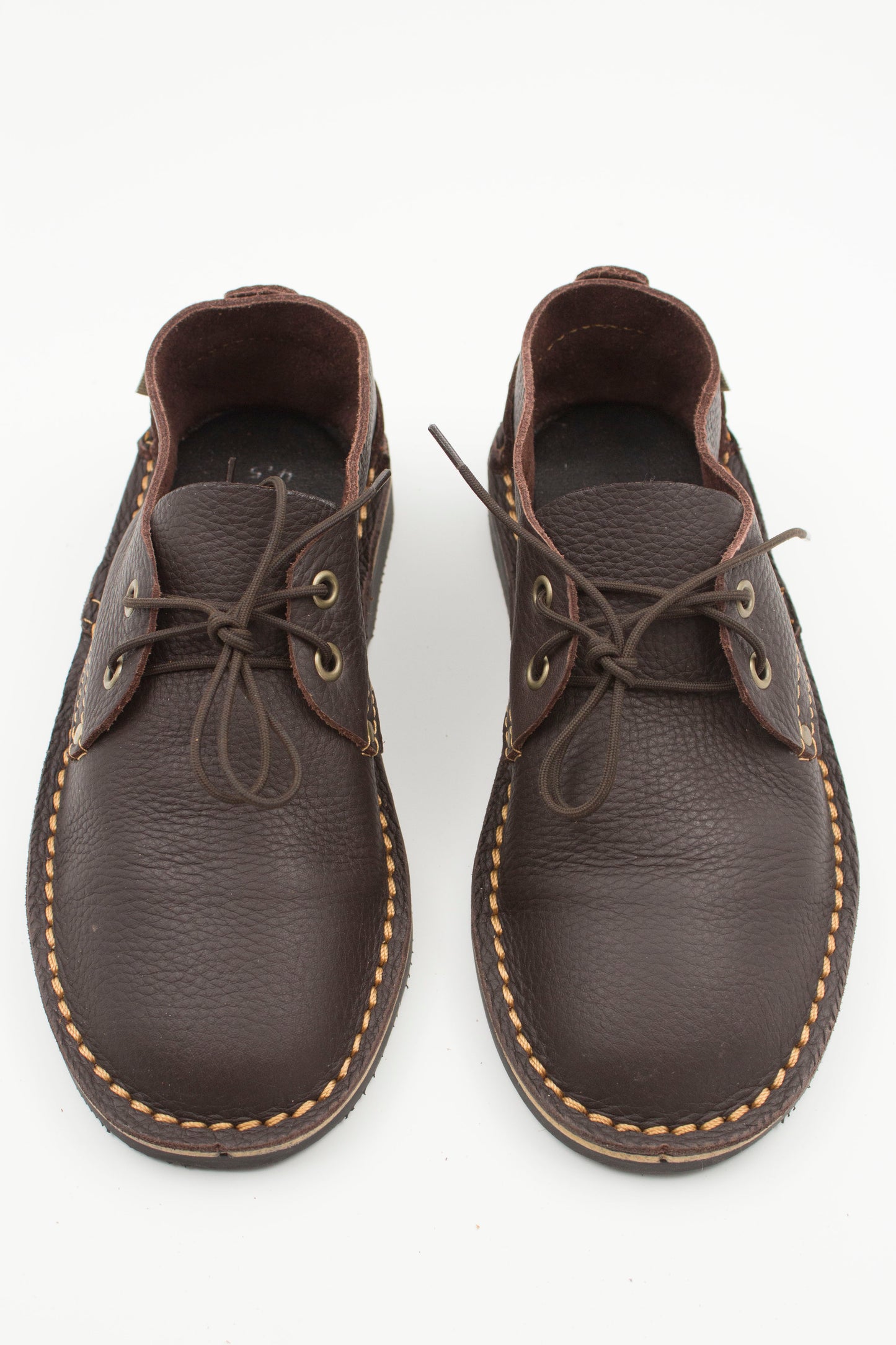 Top view of ladies velskoen pair in dark brown full-grain leather showing interior lining and laces