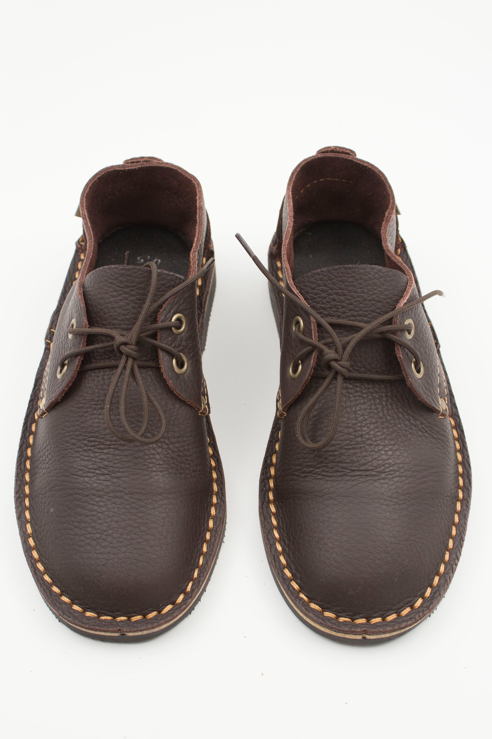 Top view of ladies velskoen pair in dark brown full-grain leather showing interior lining and laces