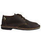 Side view of South African handmade low-cut veldskoen in dark brown leather with black sole