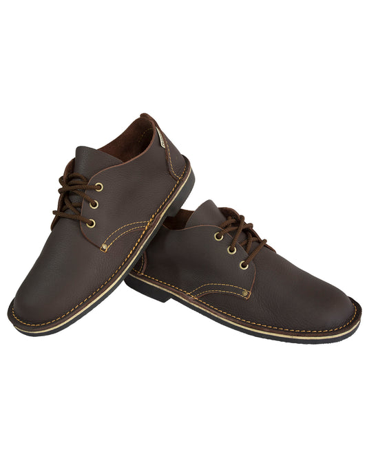 Dark brown low-cut veldskoen pair showing full-grain leather and black sole detail