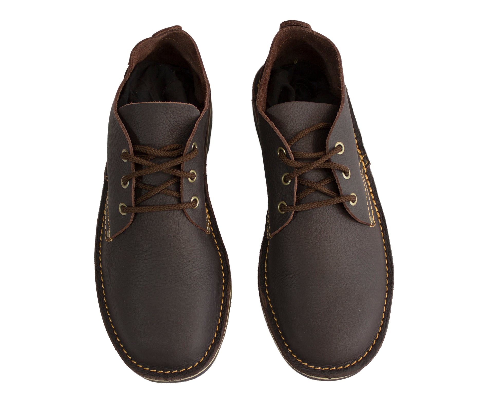 Top view of handmade low-cut veldskoen in dark brown leather showing interior lining and laces