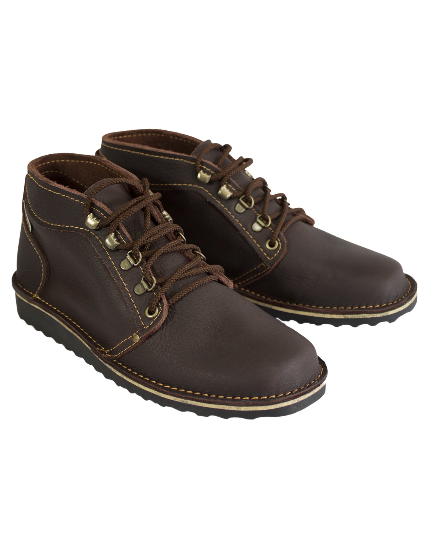 Handmade Ranger boot in dark brown full-grain leather with hiking-style lacing and black wedge sole