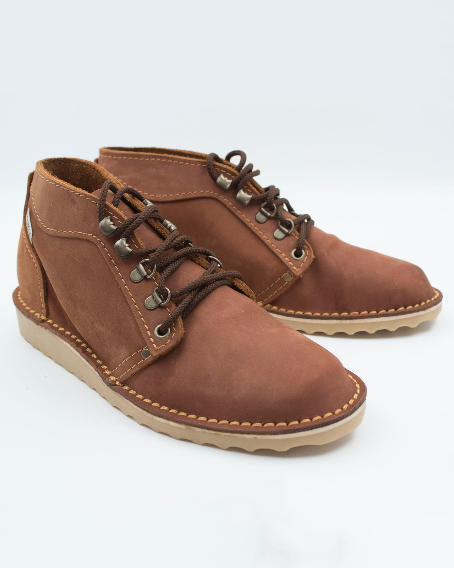 Handmade Ranger boot in tobacco full-grain leather with hiking-style lacing and crepe wedge sole