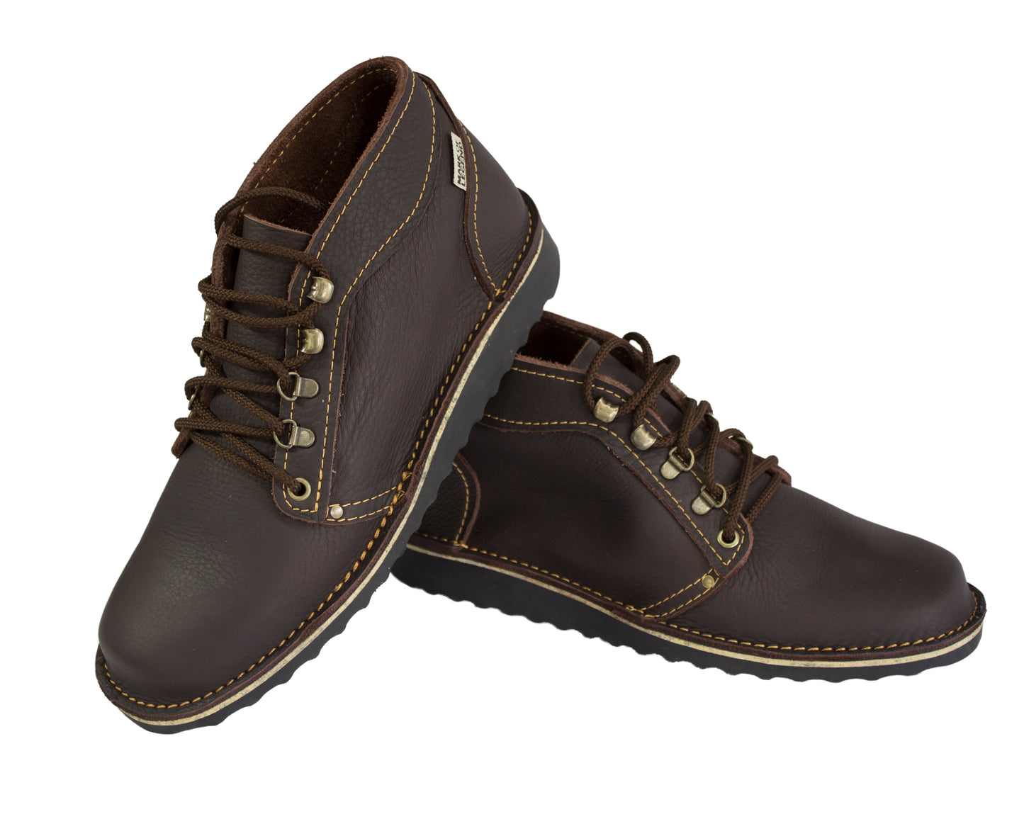 Dark brown Ranger boot pair showing full-grain leather texture and hiking-style lacing with black sole