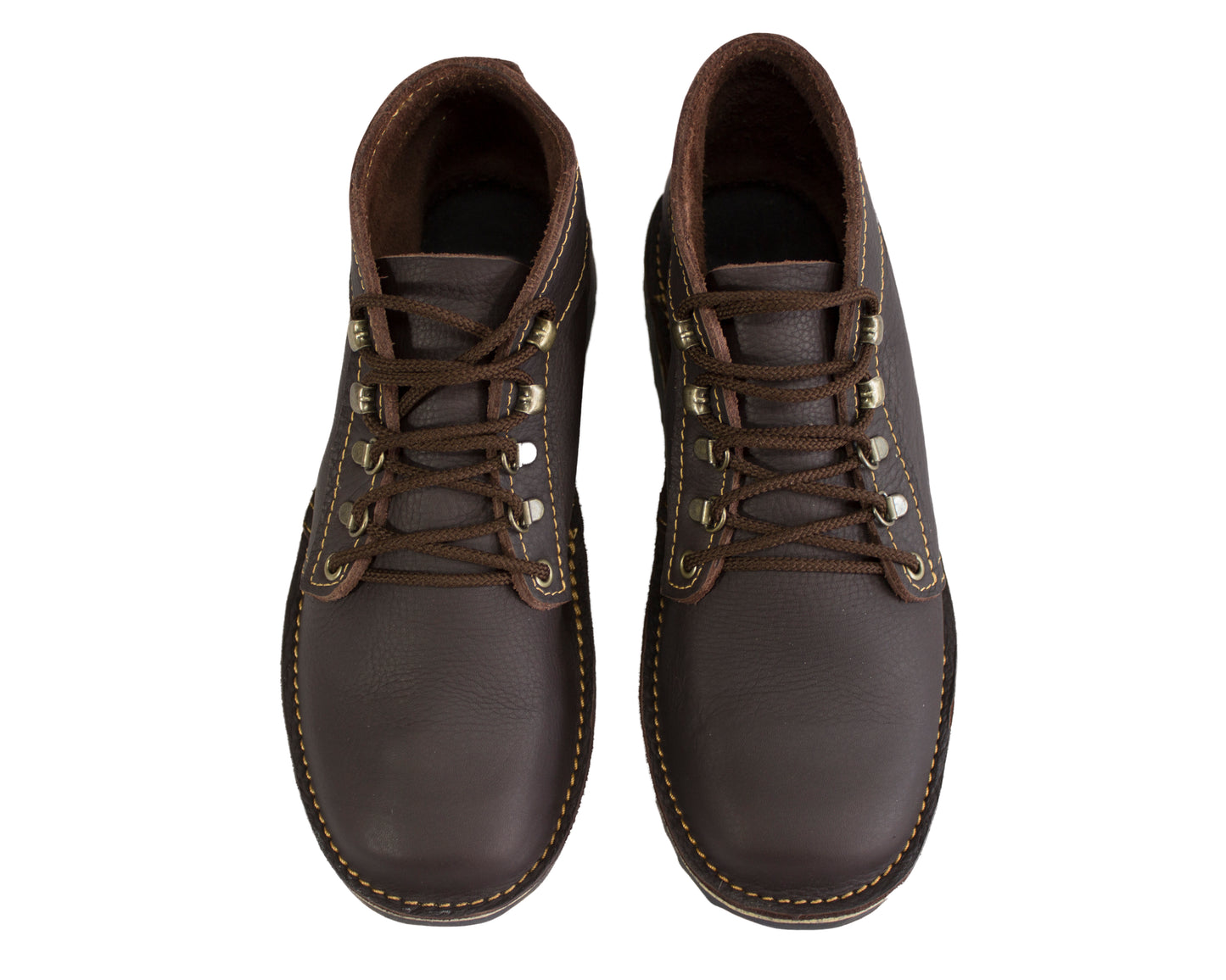 Top view of handmade Ranger boot in dark brown leather showing hiking eyelets and interior lining